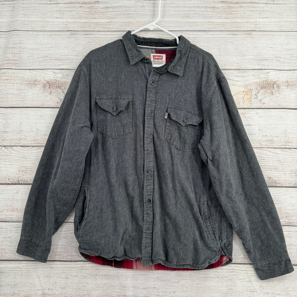 Levi's Shirt Jacket Mens XL Gray Plaid Lined Linen Blend Western Shacket - Picture 1 of 10